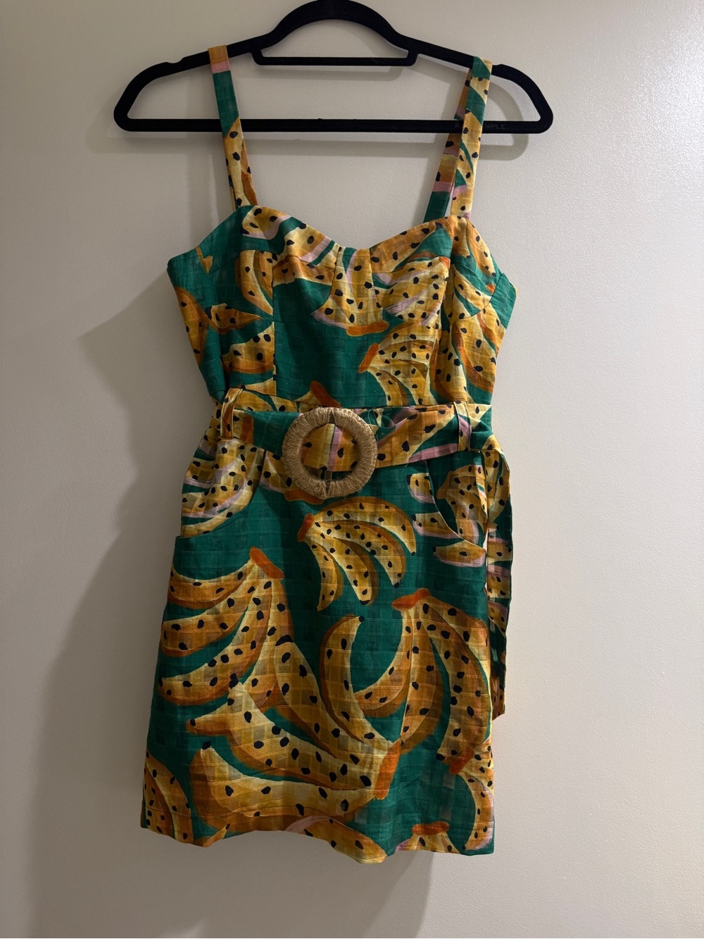 FARM Rio Green Banana-Print Mini Dress with Woven Belt